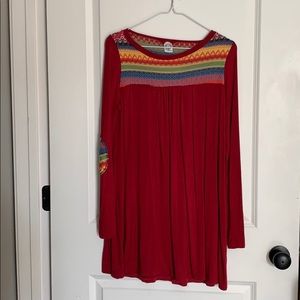 Red dress with colorful detail and elbow patches